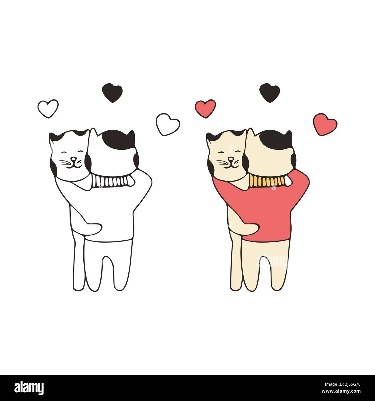 Two cats in love hug doodle icon. Cute pets vector art on white