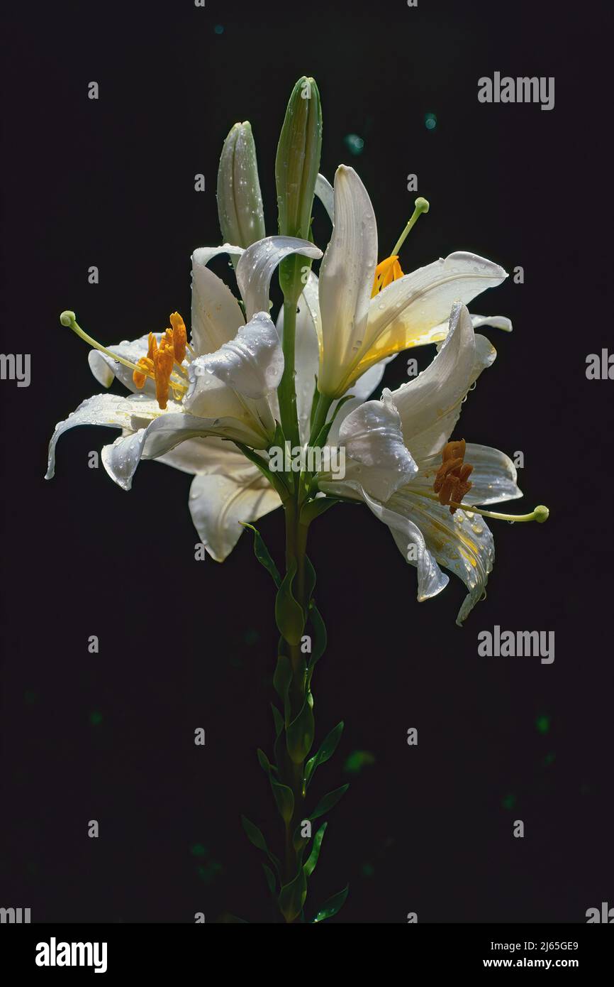 Madonna lily in full bloom covered by water drops, backlight with dark background, Lilium candidum, Liliaceae Stock Photo