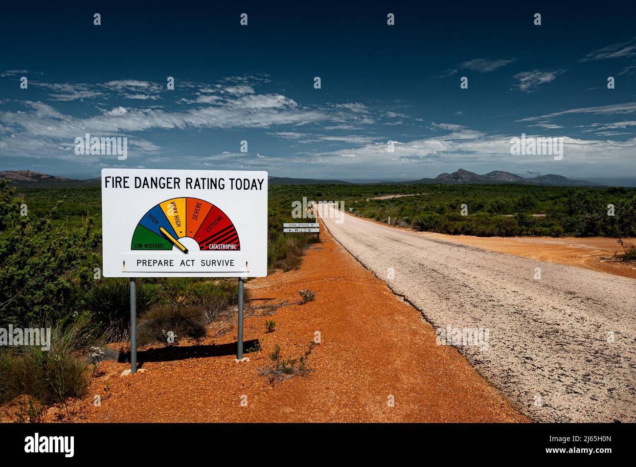 Typical Fire Danger sign at the road in Cape Le Grand National Park. Stock Photo