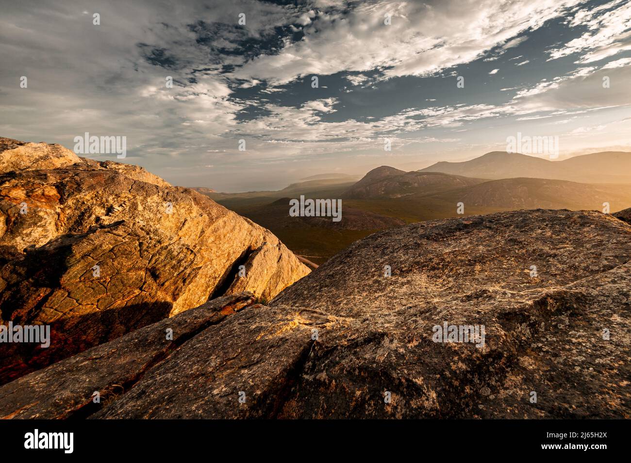 Last light on Frenchman Peak in Cape Le Grand National Park. Stock Photo