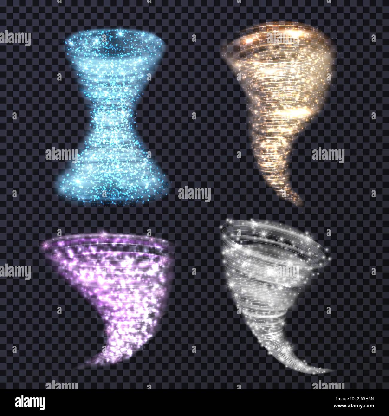 Magic tornado vortex realistic set with four isolated images of colourful hurricane spirals on transparent background vector illustration Stock Vector