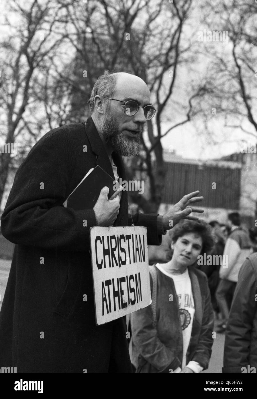 A Christian Atheist explains his beliefs at Speakers Corner, Hyde Park, London, 1989. Stock Photo