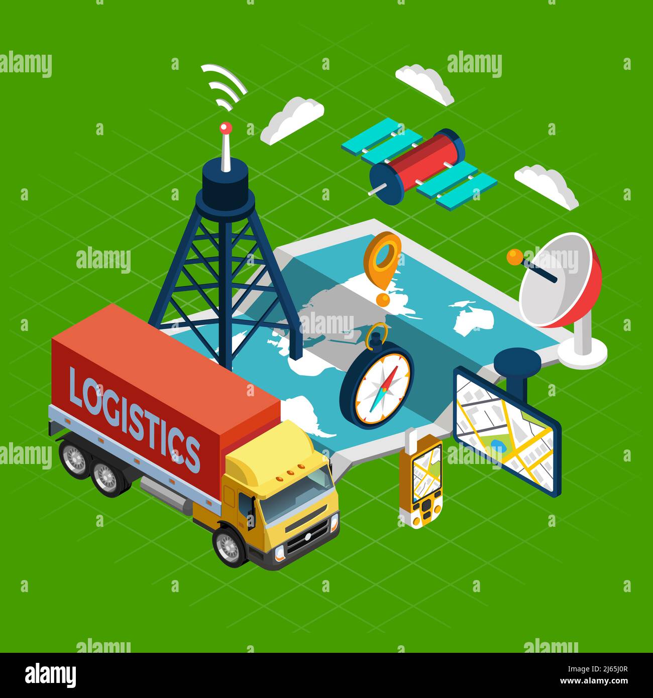 Navigation concept with logistics and satellite symbols on green background isometric vector illustration Stock Vector