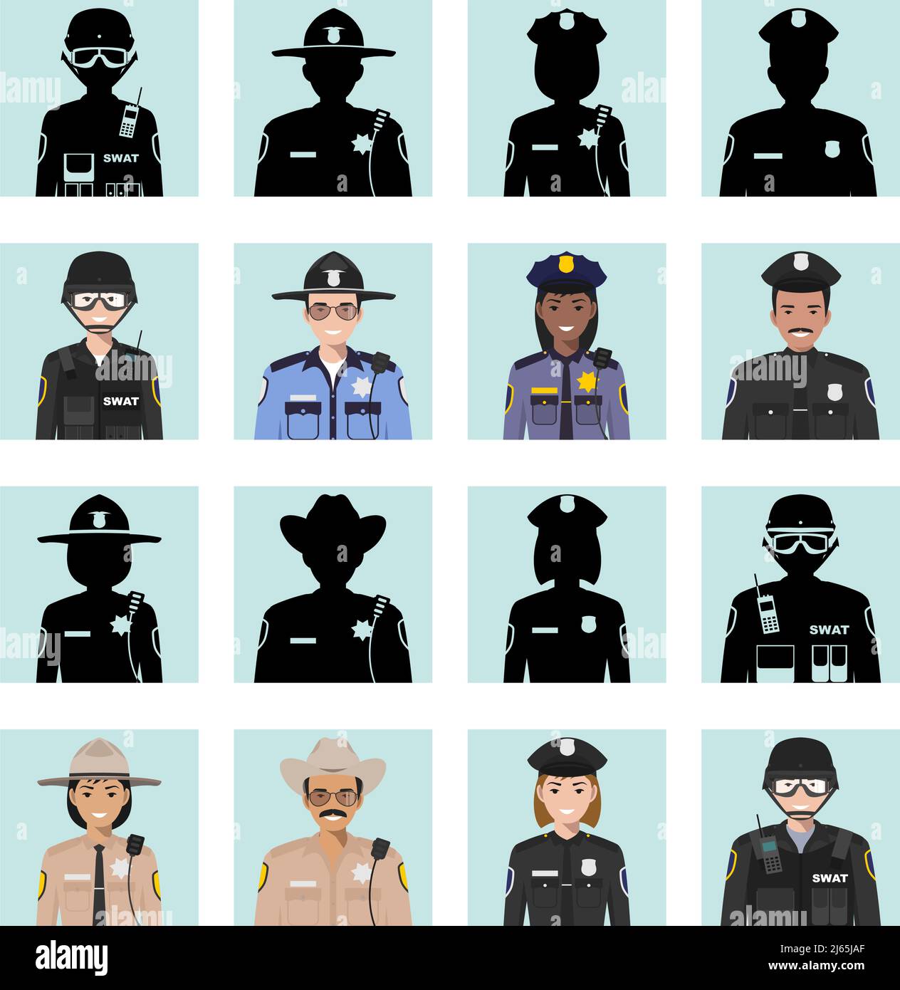 Set of police flat style icons: sheriff, SWAT officer and policeman. Vector illustration. Stock Vector