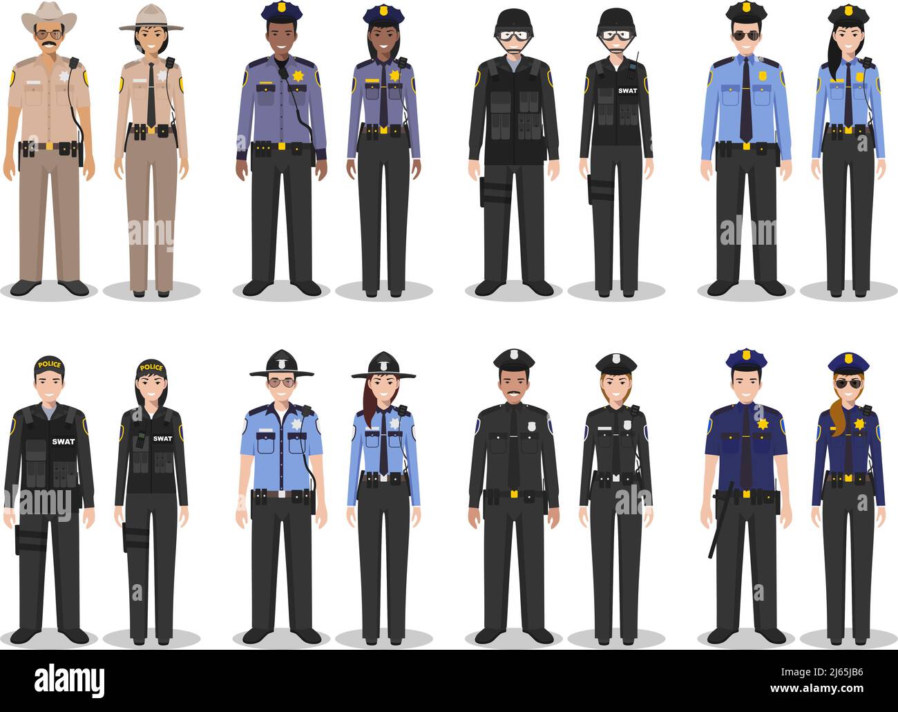 Detailed illustration of sheriff, SWAT officer, policewoman and policeman in flat style on white background. Stock Vector