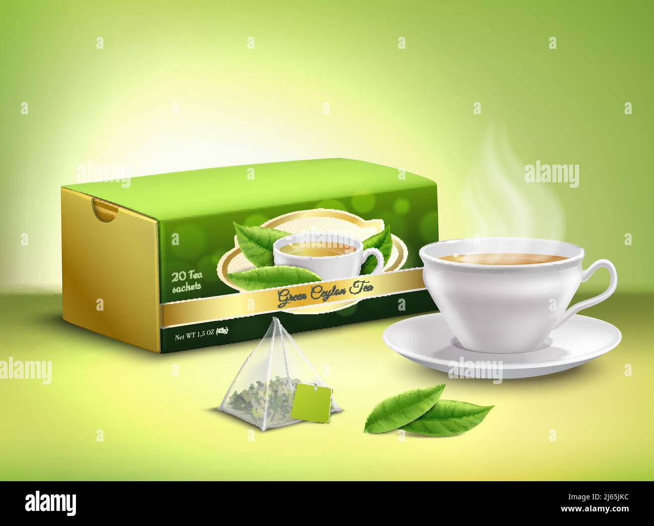 Green tea leaves, sachet and cardboard packaging, white cup with hot