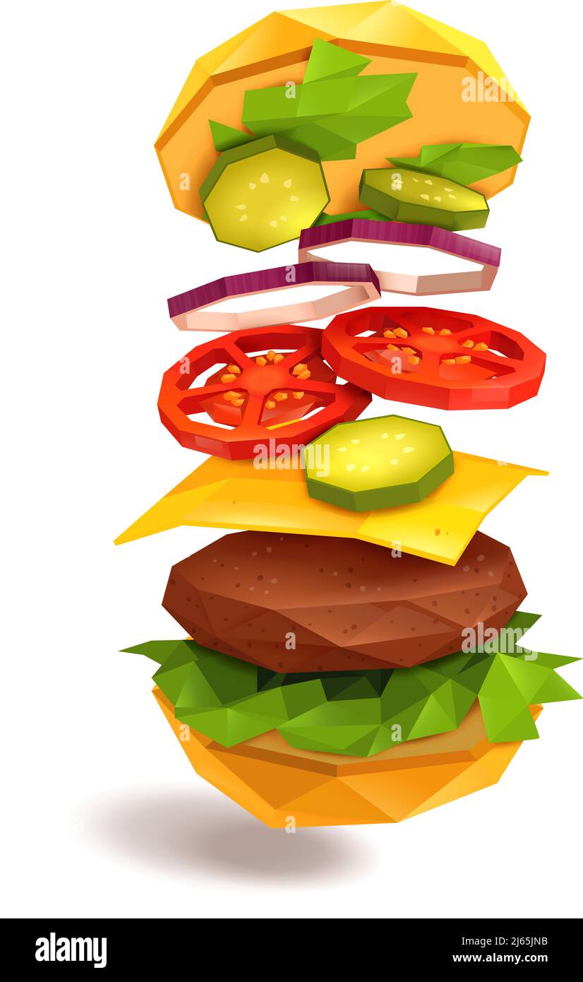 Hamburger with flying ingredients including bun, beef patty, cheese, vegetables on white