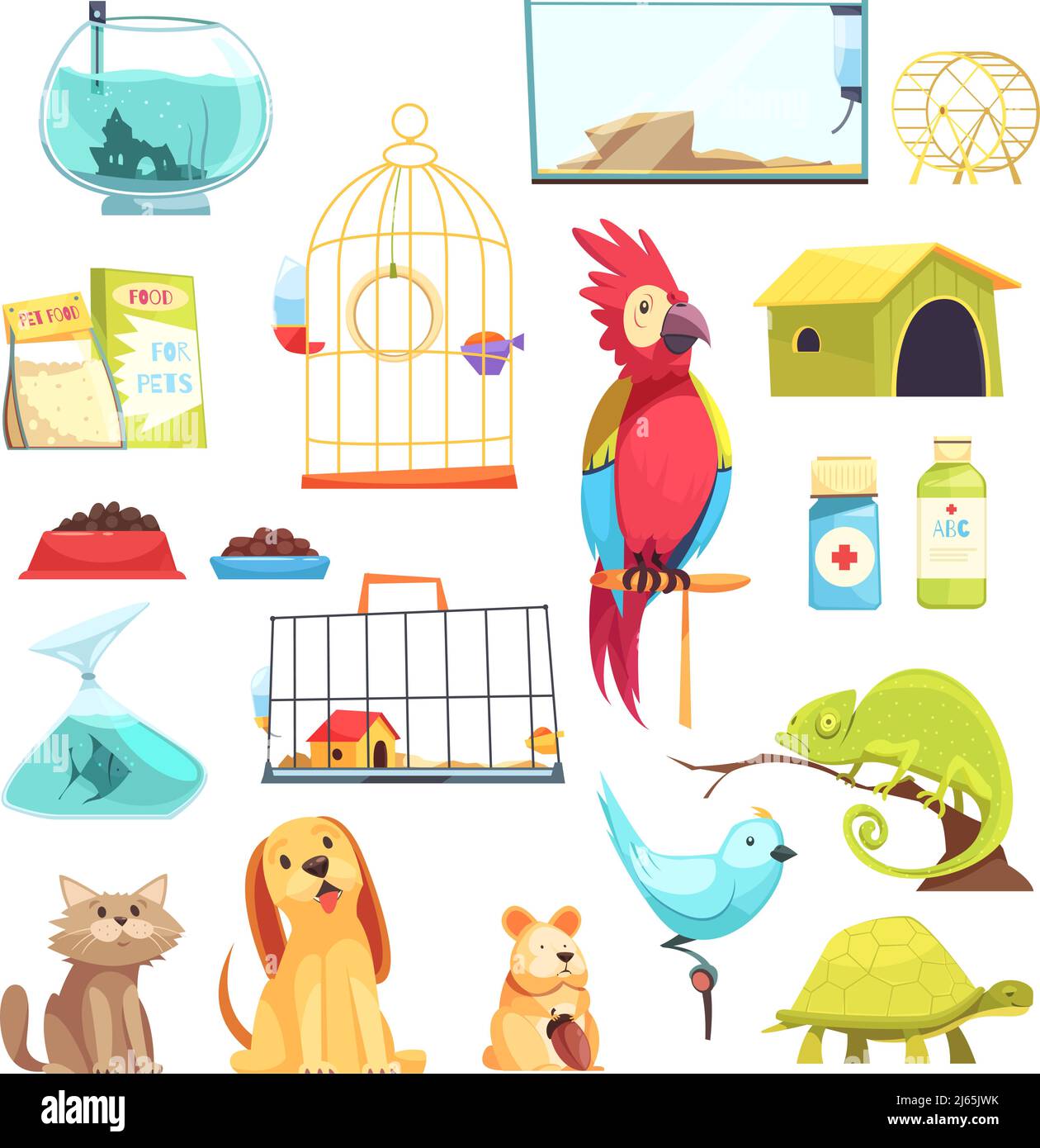 Pet shop set with domestic animals, dry feed, medicines, cages and ...