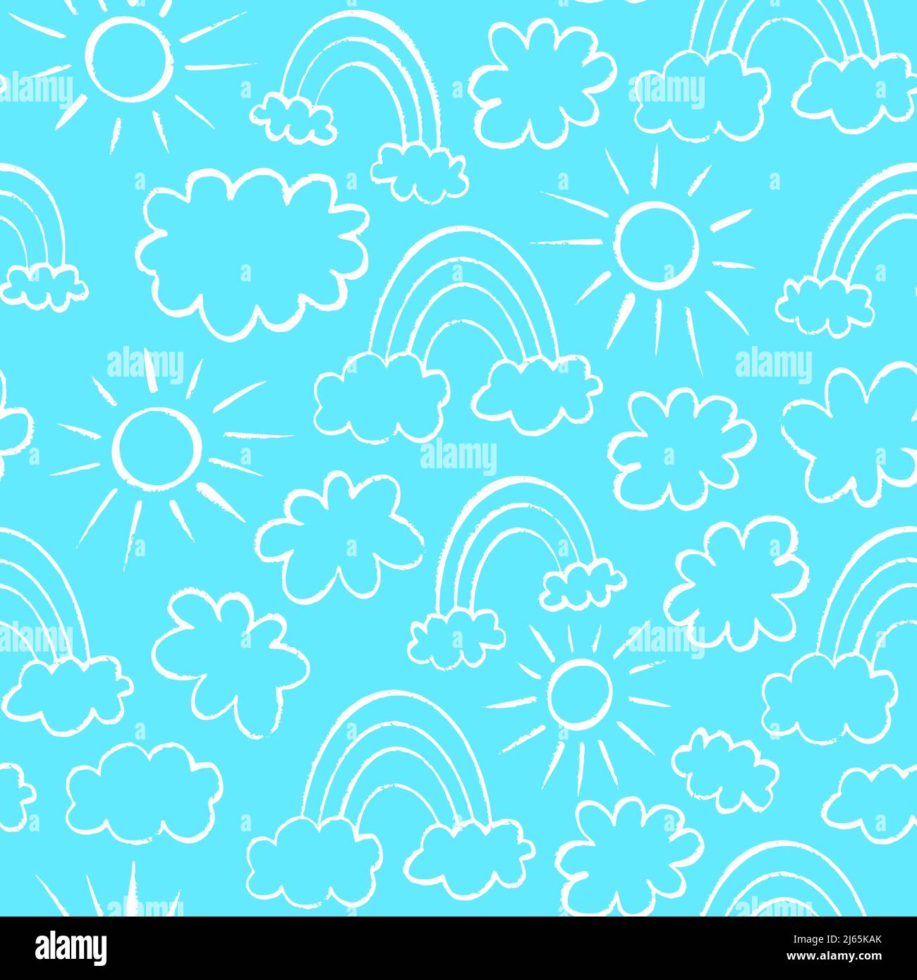 Cloudscape seamless pattern. Clouds, rainbows and sun doodle drawing on blue background. Vector illustration. Stock Vector