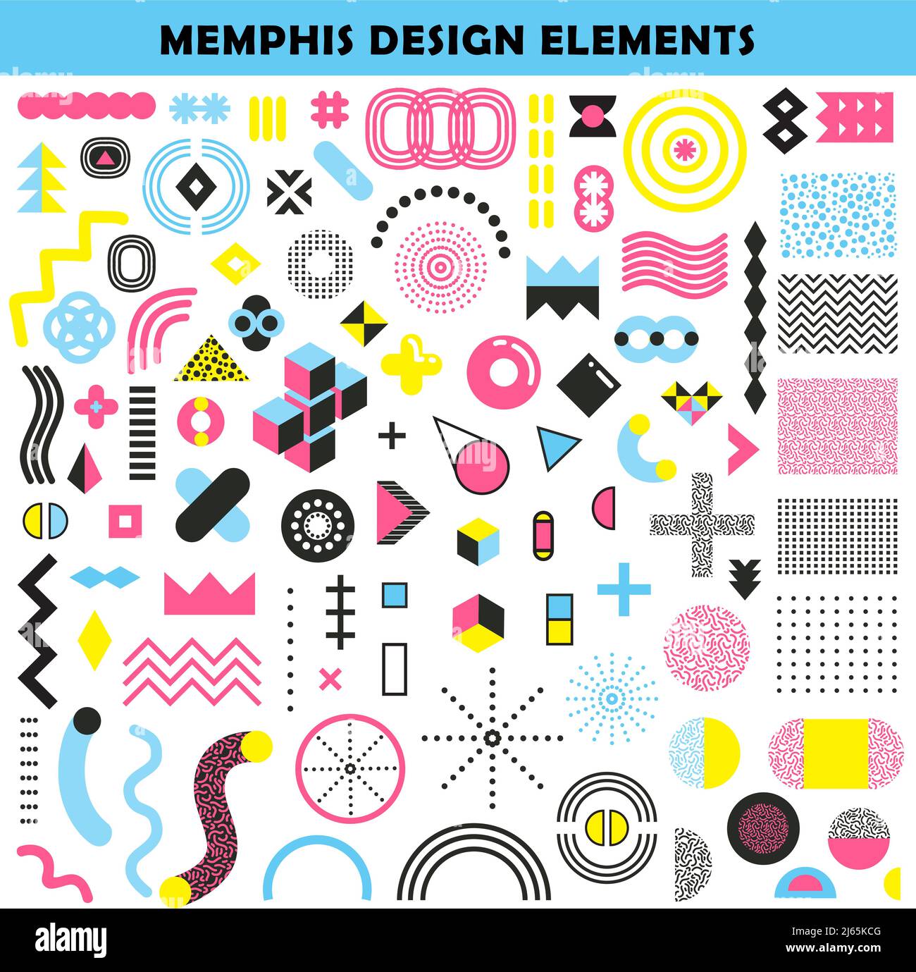 Memphis design mixture shapes and colors angular graphic worm like patterns decorative elements collection abstract vector illustration Stock Vector