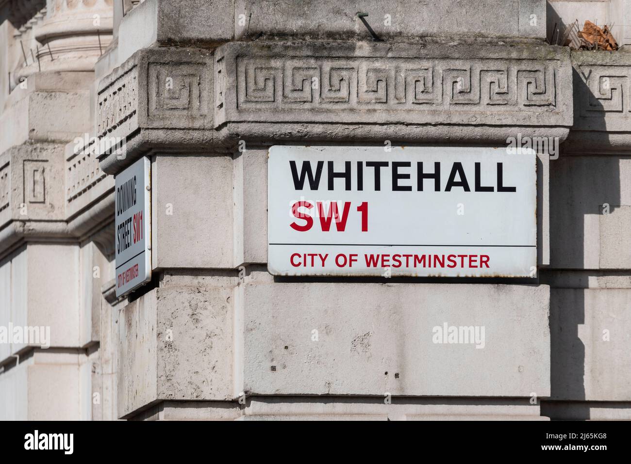 Whitehall SW1 street sign, by Downing Street, Westminster, London, UK. Road sign. Corner of Cabinet Office Stock Photo