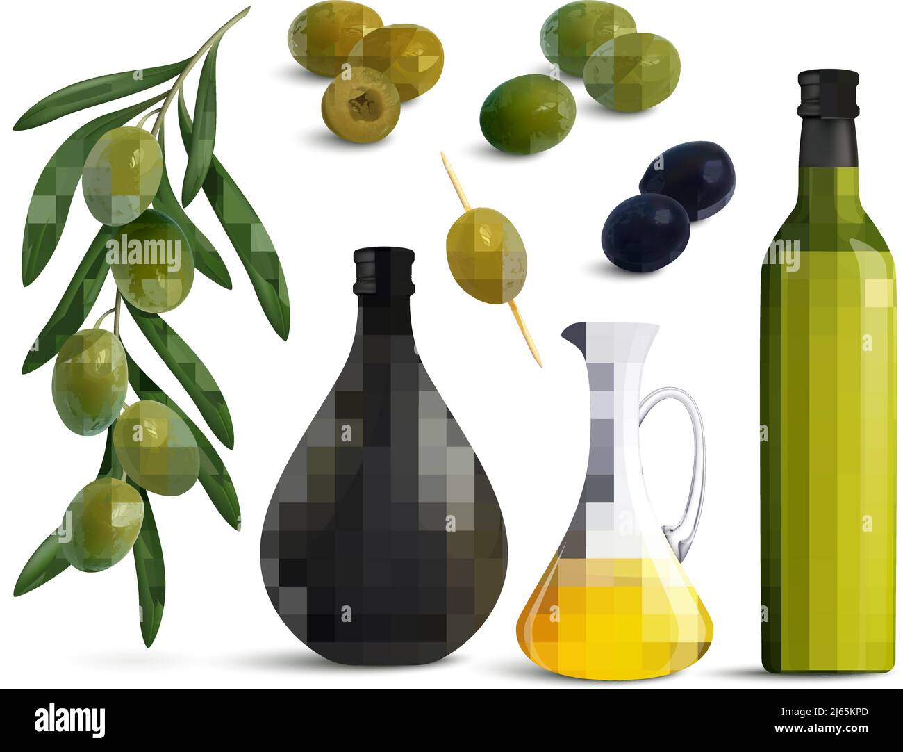 Set of realistic green and black olives and oil in glass jug and ...