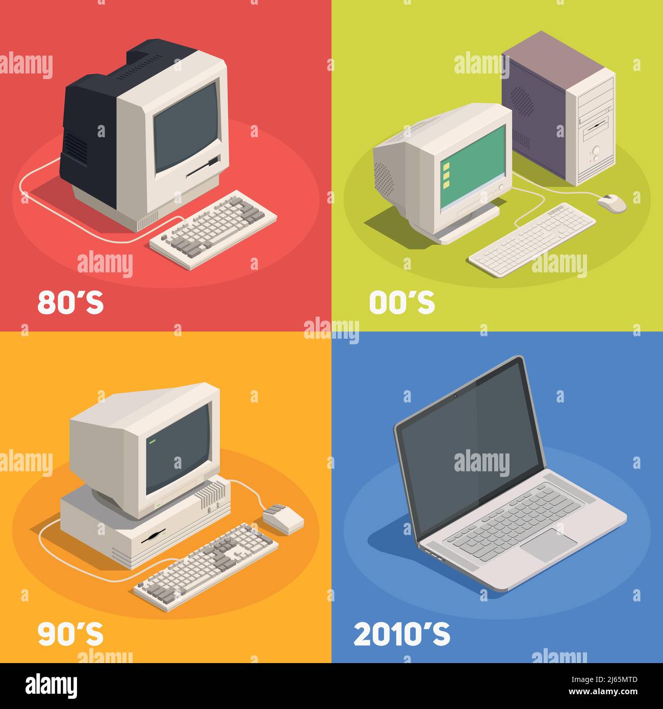 Retro gadgets 2x2 isometric design concept with computer evolution 3d isolated vector illustration Stock Vector