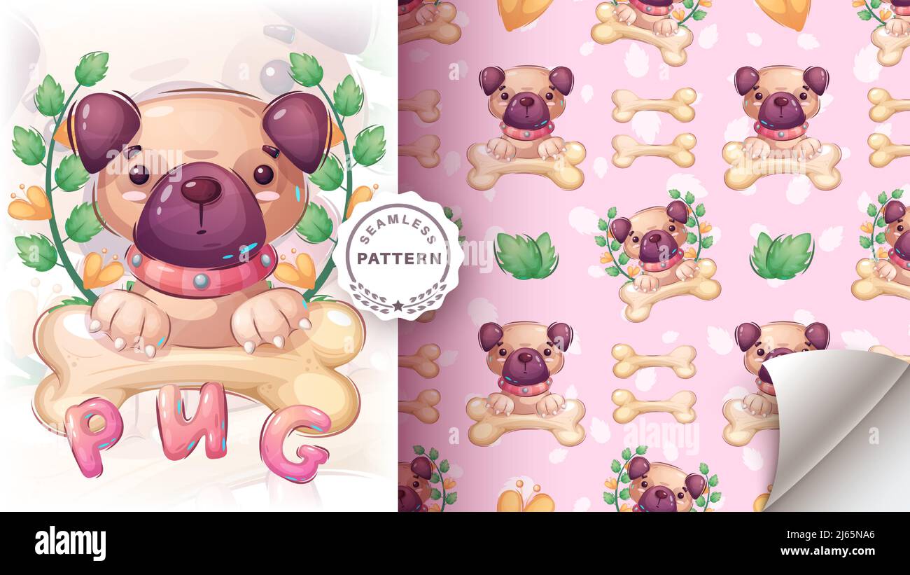 Cartoon character cute seamless pattern pug Stock Vector