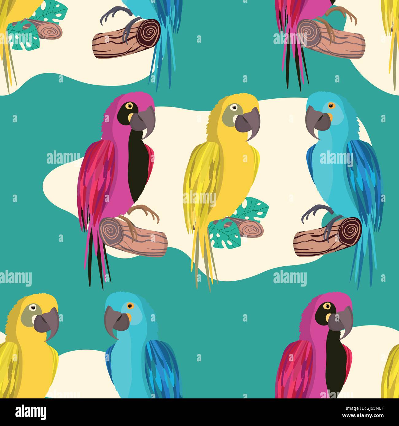 Seamless pattern with cute cartoon parrot bird on branch. Vector ...