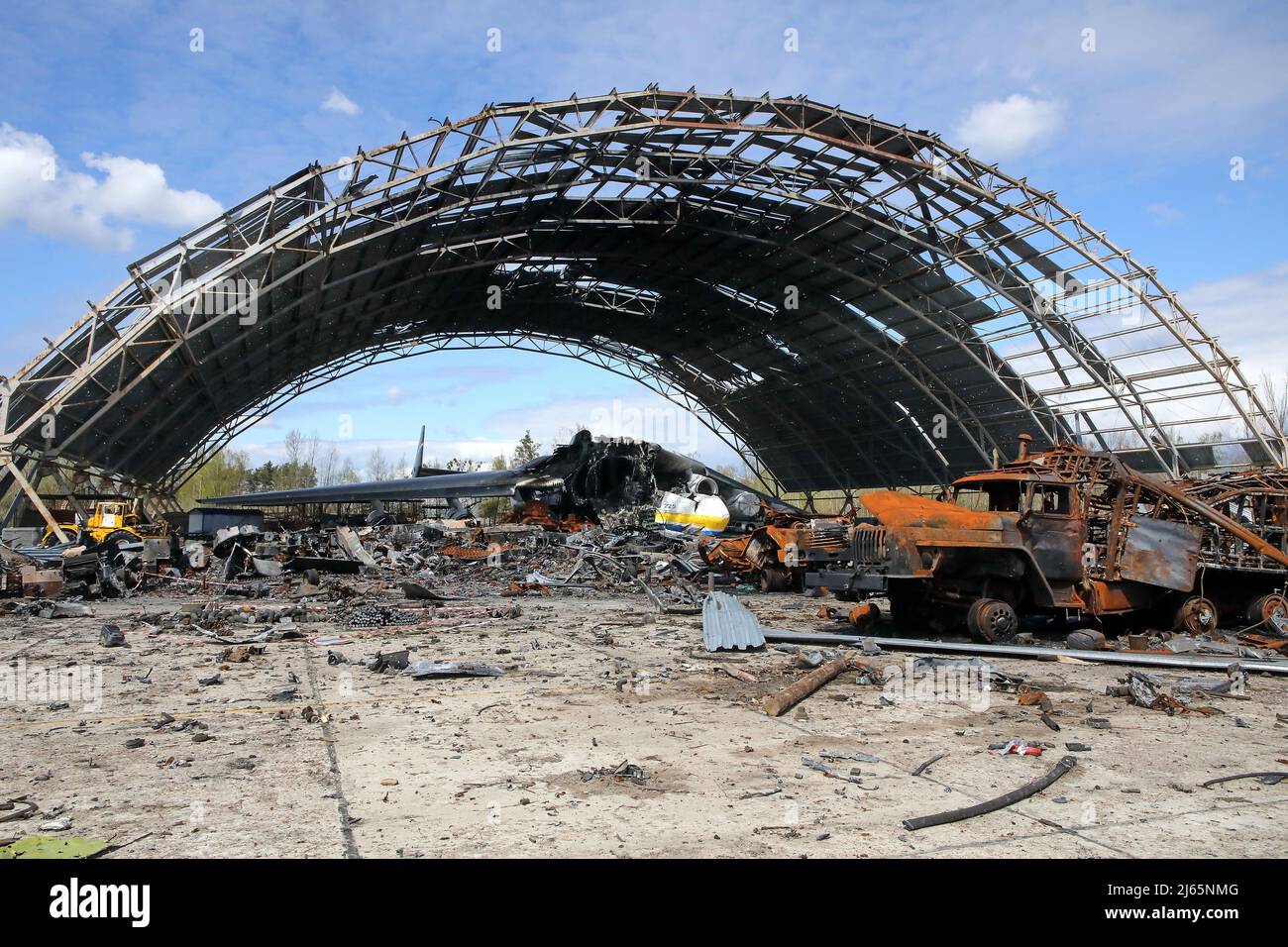 HOSTOMEL, UKRAINE - APRIL 27, 2022 -  The Antonov An-225 Mriya, the world's largest cargo plane, destroyed in the Battle of Antonov Airport during the Stock Photo