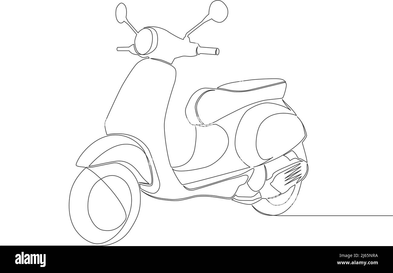 single line drawing of classic motor scooter isolated on white background, line art vector illustration Stock Vector