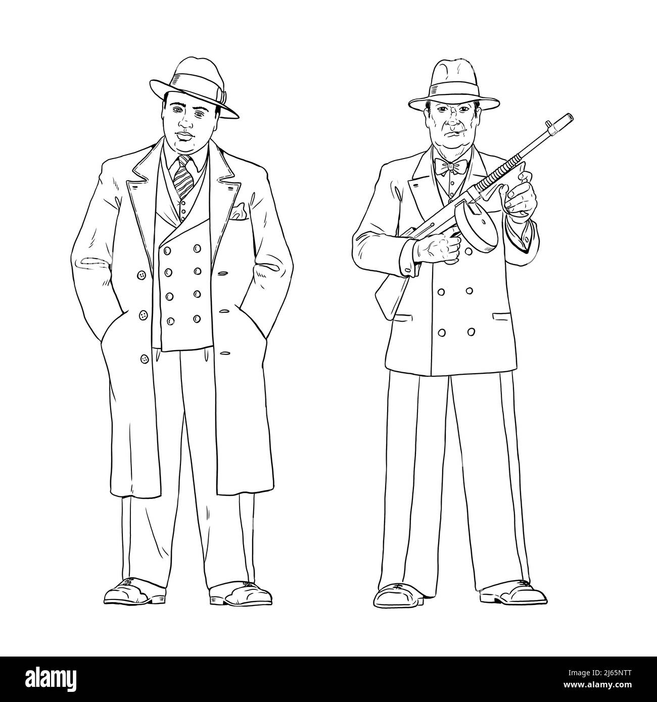 Mafia boss Al Capone with his bodyguard. Gangsters from the 1920s drawing. Stock Photo