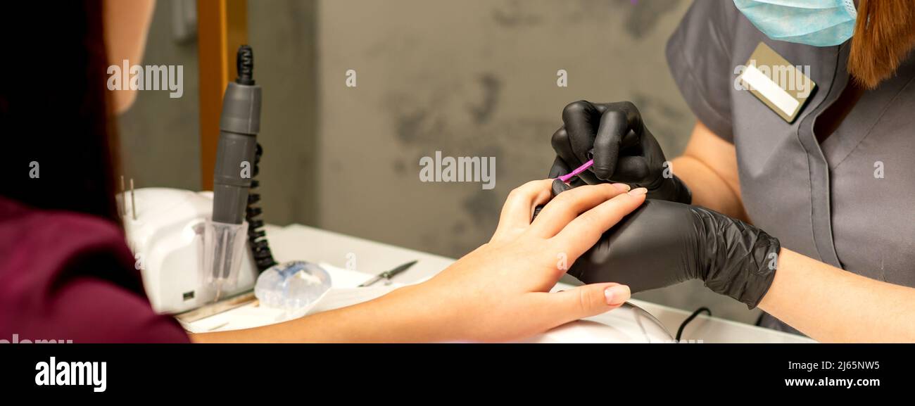 Professional manicure. A manicurist is painting the female nails of a