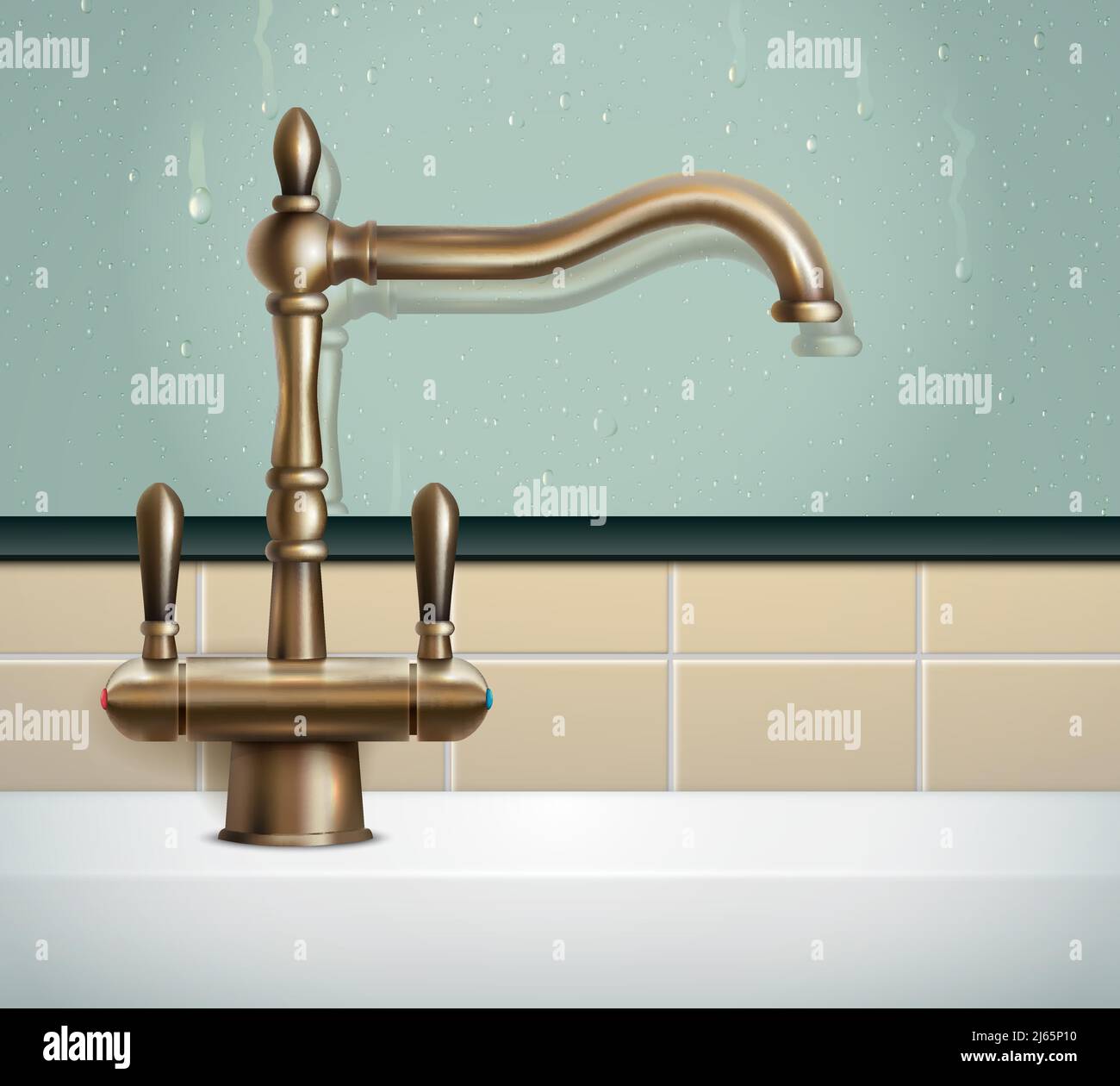 Faucet realistic composition with view of bathing room wall and vintage classic style bronze faucet image vector illustration Stock Vector