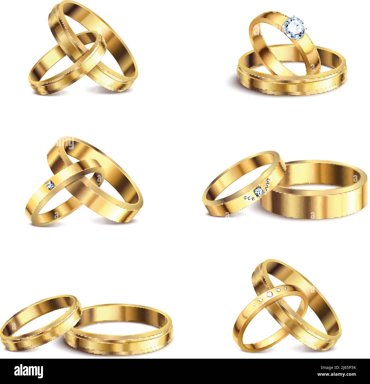 Gold wedding rings couple series 6 realistic isolated sets noble metal