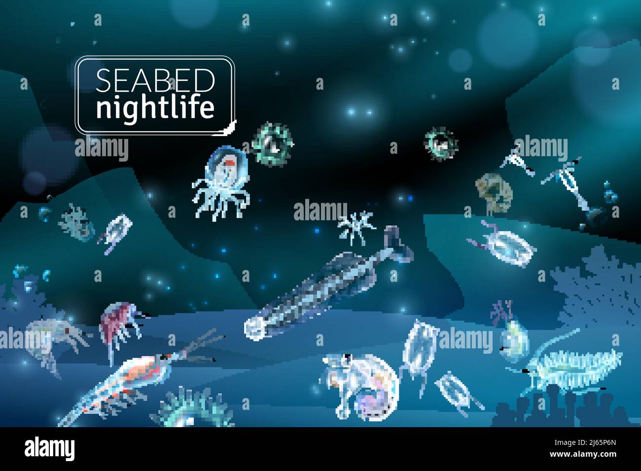 Seabed nightlife underwater scene with reef seaweed coral and plankton characters cartoon vector illustration Stock Vector