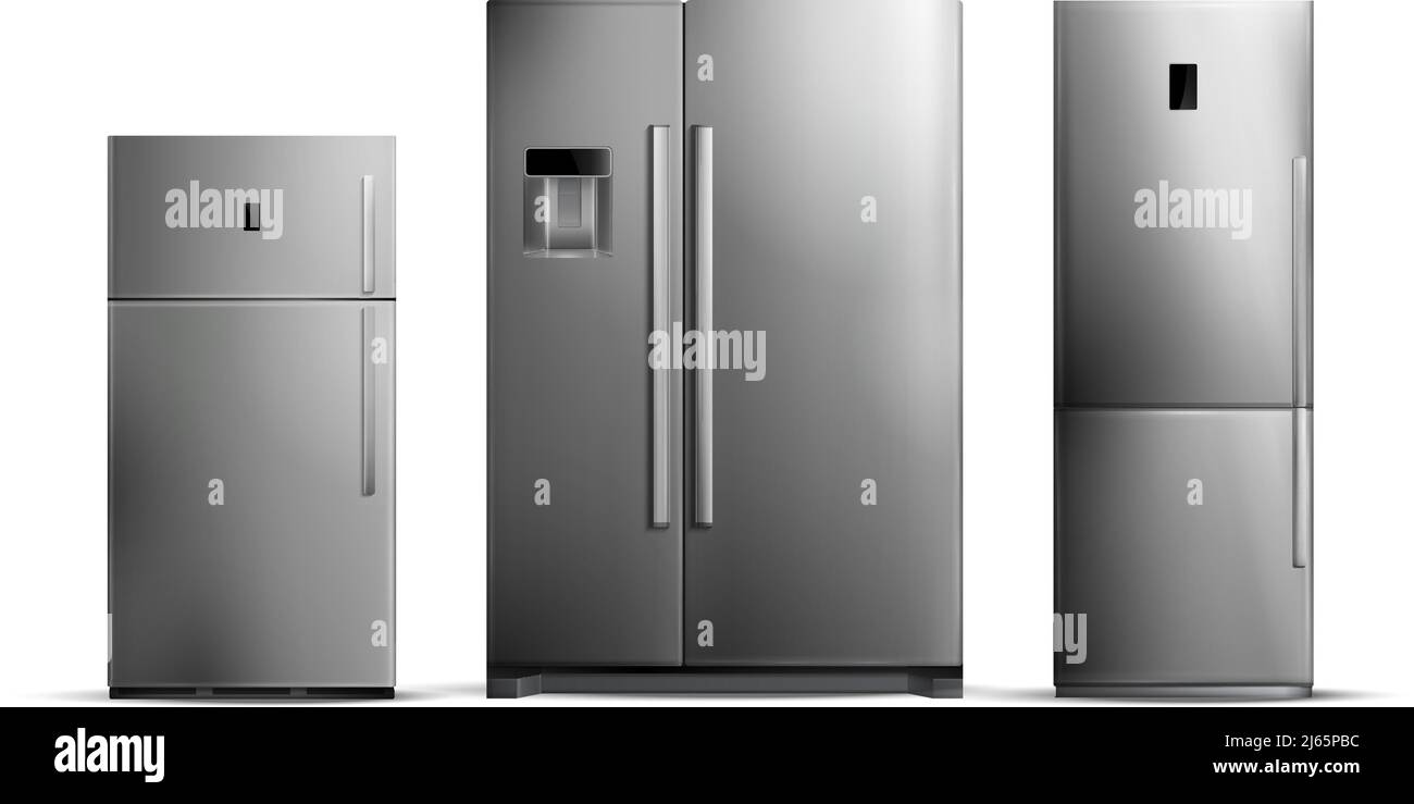 Silver Frigde Set of realistic silver fridges of various size isolated on white ...