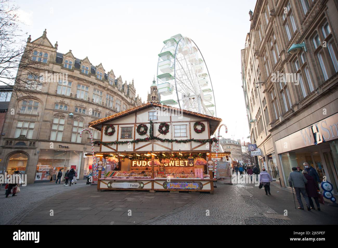Views of a Christmas Market on Fargate in Sheffield in the UK Stock Photo