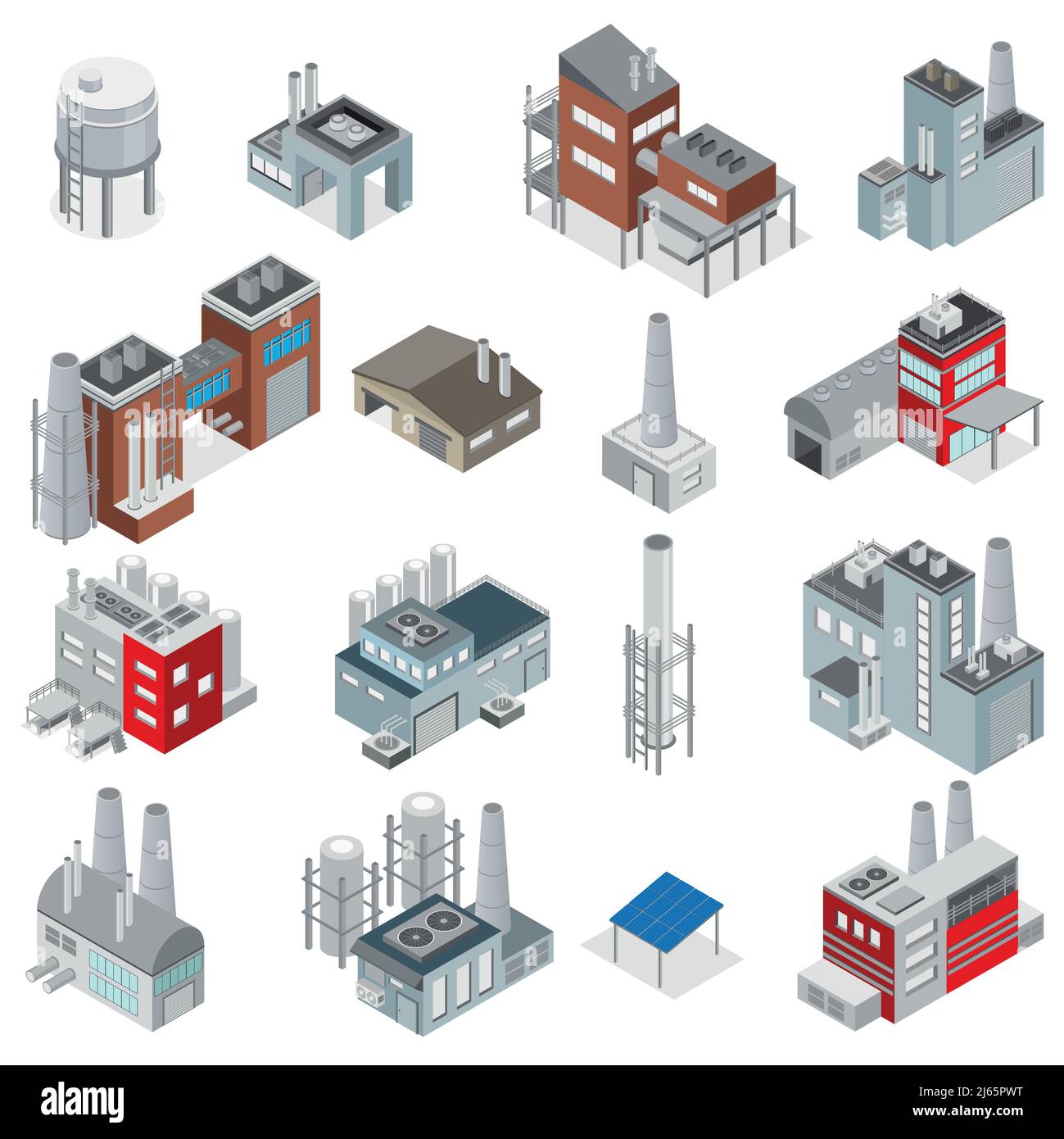 Industrial buildings isometric set of elements for factories and power plants constructor isolated vector illustration Stock Vector