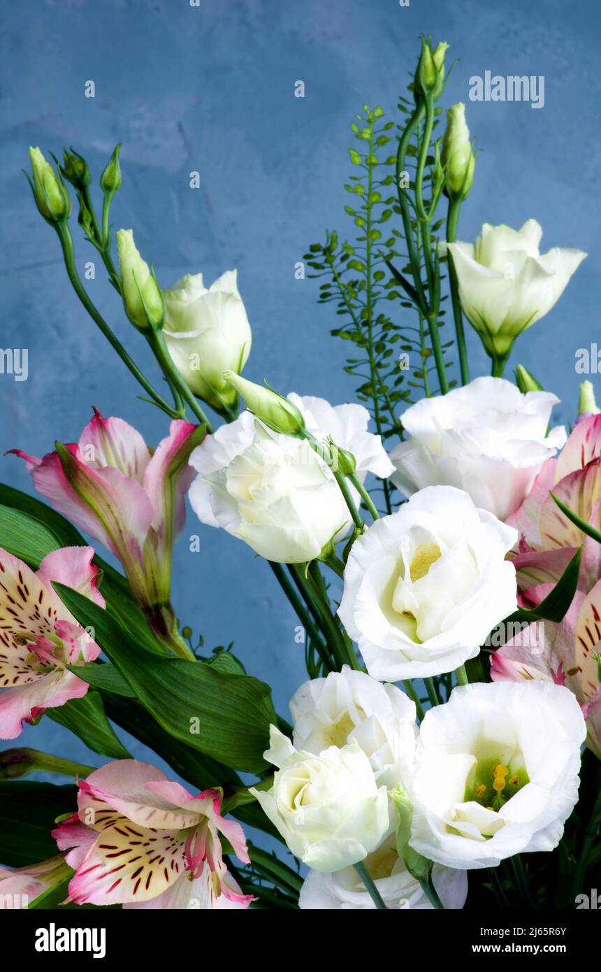 Elegant Flowers Bouquet with White Lisianthus, Pink Alstroemeria and Decorative Green Stems closeup on Blue Textured background Stock Photo
