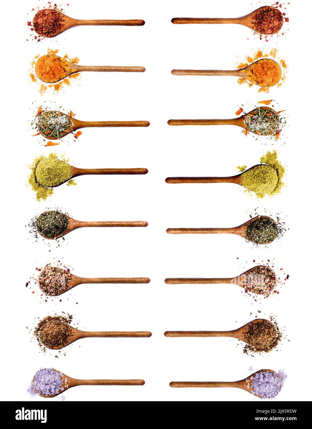 Collection of Two Rows of Various Spices: Dried Paprika, Curry Powder, Salt with Petals, Cumin Powder, Thyme, Salt with Chili, Salt with Cayenne Peppe Stock Photo