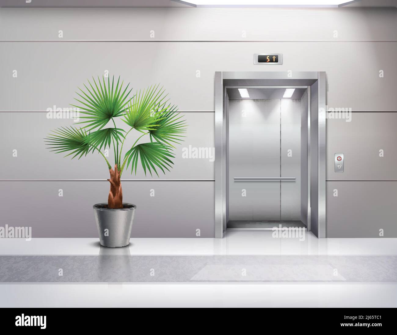 Modern hall interior design with decorative potted fan palm next to opened elevator doors realistic vector illustration Stock Vector