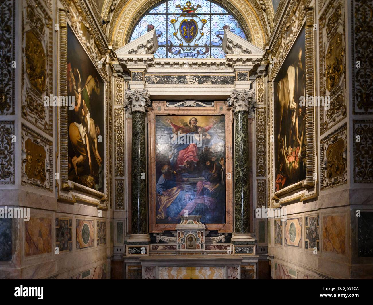Rome. Italy. Basilica di Santa Maria del Popolo. The Cerasi Chapel (La Cappella Cerasi).  The Cerasi Chapel, famous for masterpieces by Caravaggio,  t Stock Photo