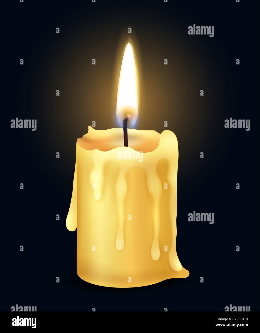 Isolated yellow realistic burning candle flame fire light composition