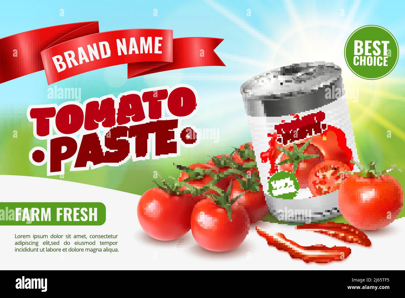 Realistic tomato ads poster with branded metal can container editable text and images of ripe tomatoes vector illustration Stock Vector