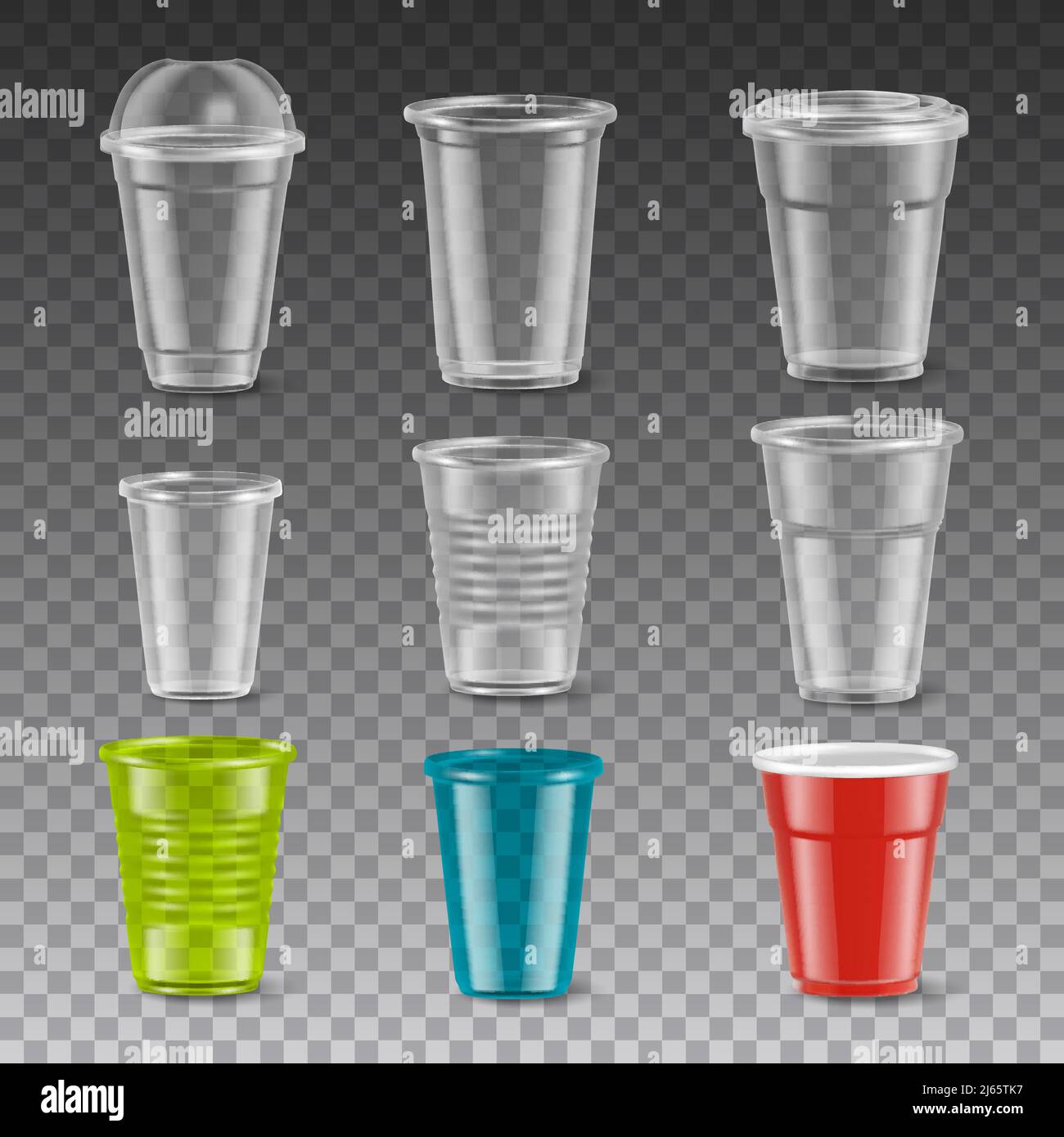 Empty disposable colorful plastic glasses with and without lids