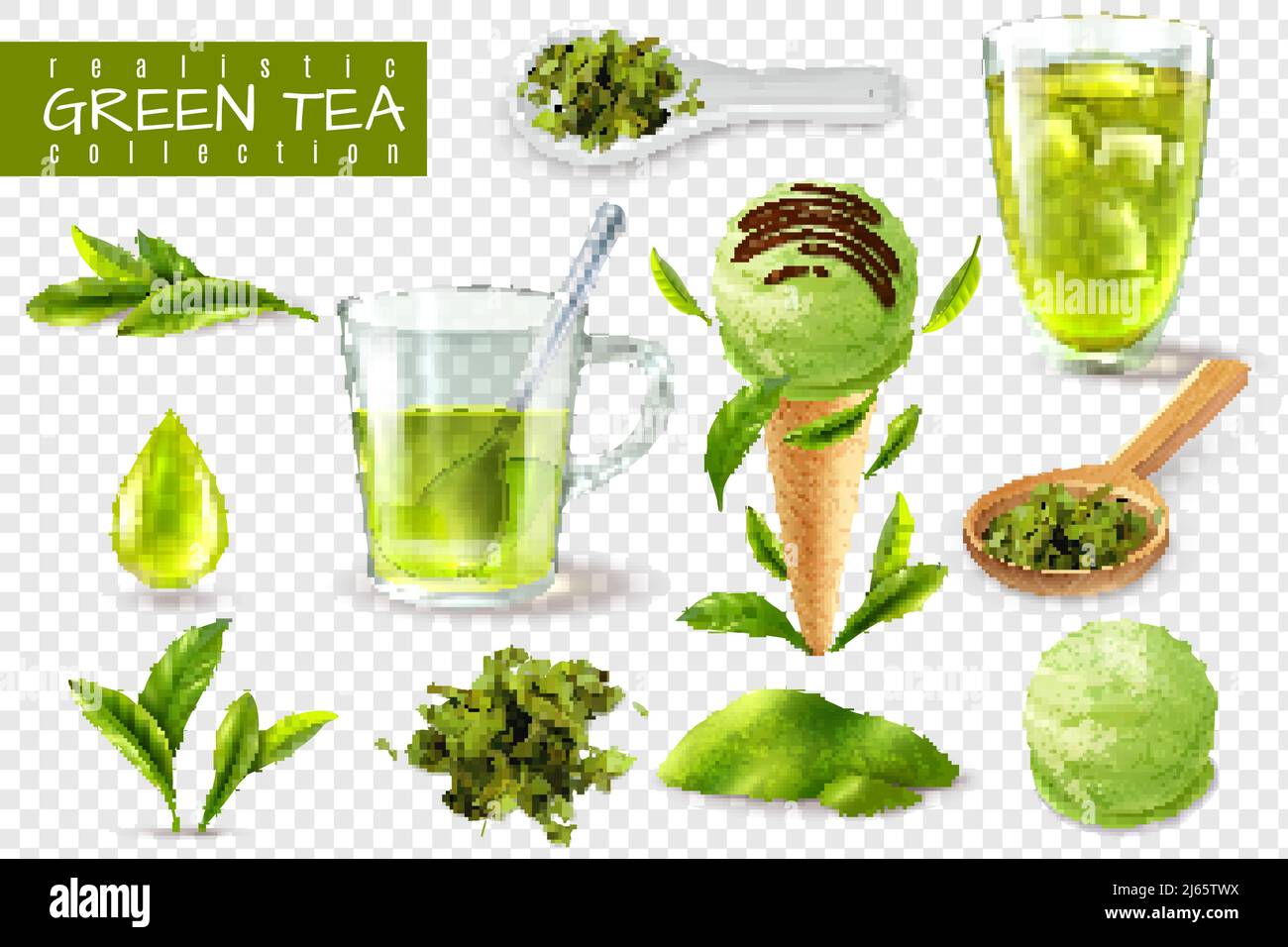 Realistic green tea set with isolated images of cups spoons and natural ...