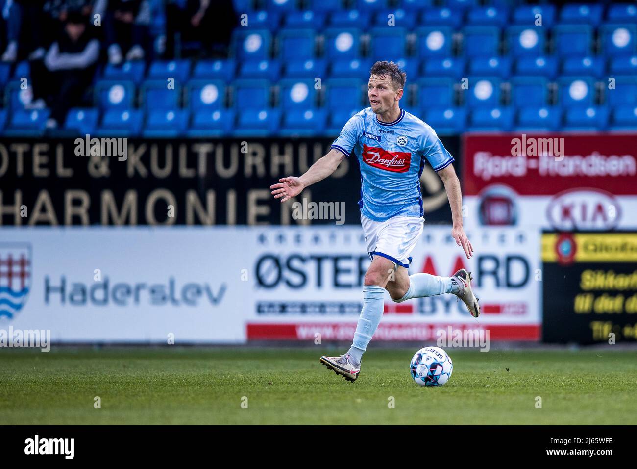 Haderslev, Denmark. 27th Apr, 2022. Emil Frederiksen (22) of Soenderjyske  seen during the Sydbank Cup match between Soenderjyske and Odense Boldklub  at Sydbank Park in Haderslev. (Photo Credit: Gonzales Photo/Alamy Live News