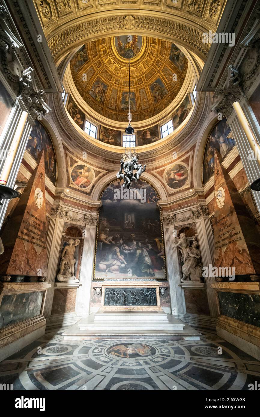 Rome. Italy. Basilica di Santa Maria del Popolo. The Chigi Chapel (La Cappella Chigi).  Banker Agostino Chigi commissioned Raphael to design and decor Stock Photo