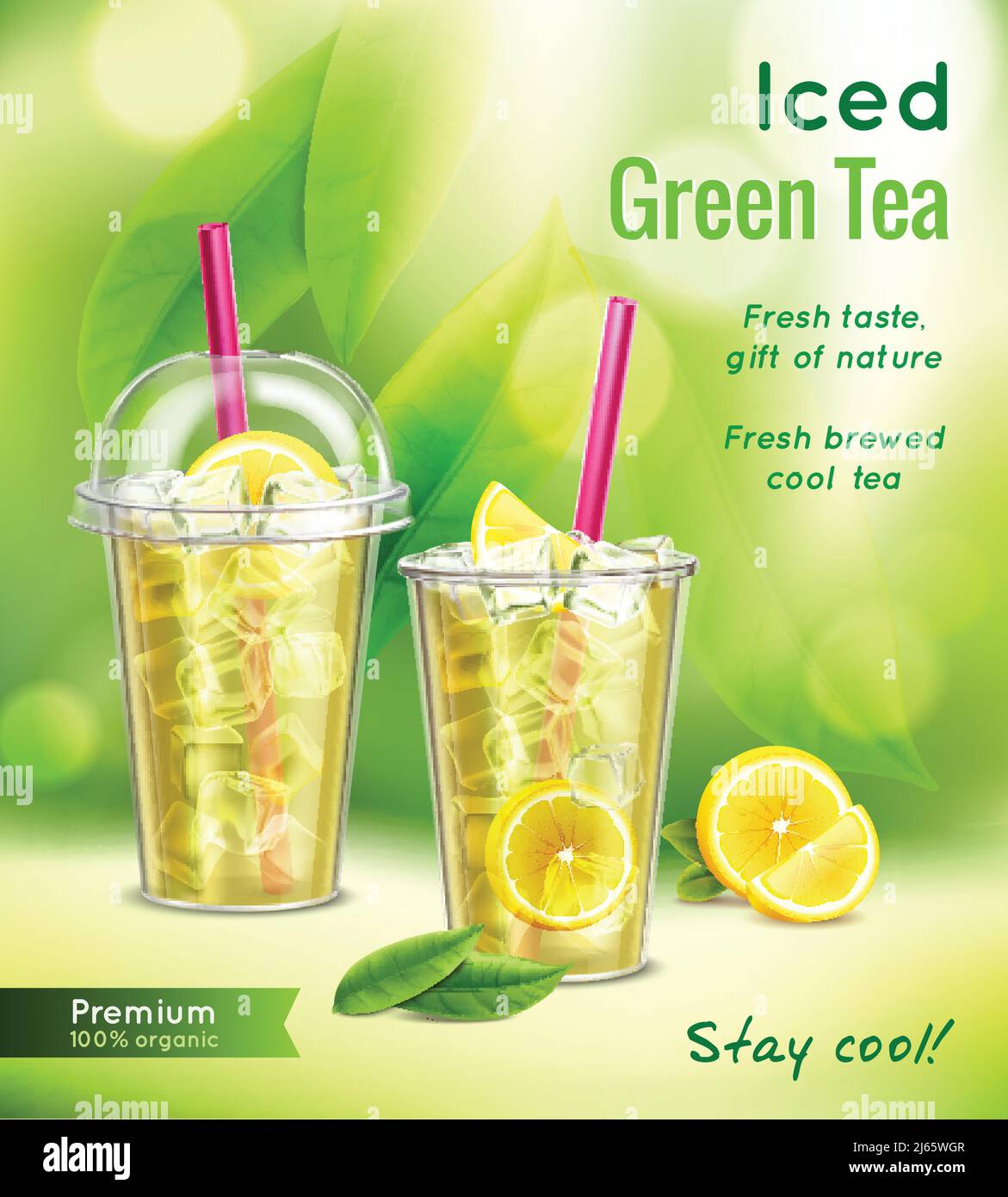 Iced green tea realistic advertising composition with 2 full glasses