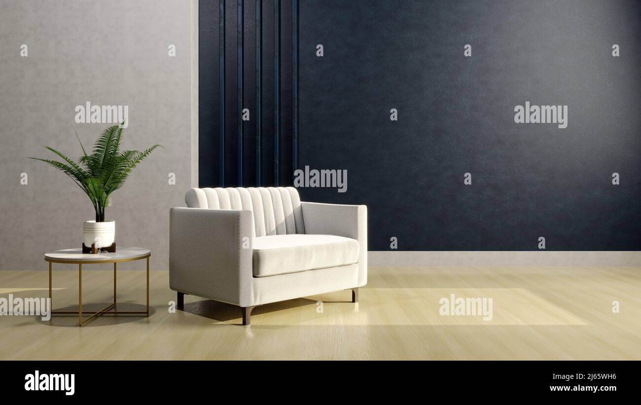 Classic loft interior with black wall panel in minimalist design 3d