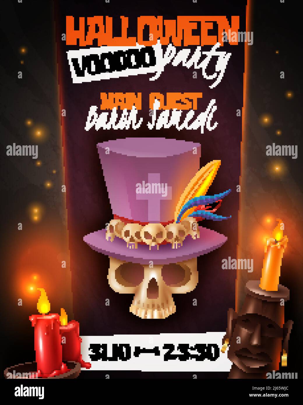 Halloween voodoo party announcement invitation poster with skull in hat mask candles light black background vector illustration Stock Vector