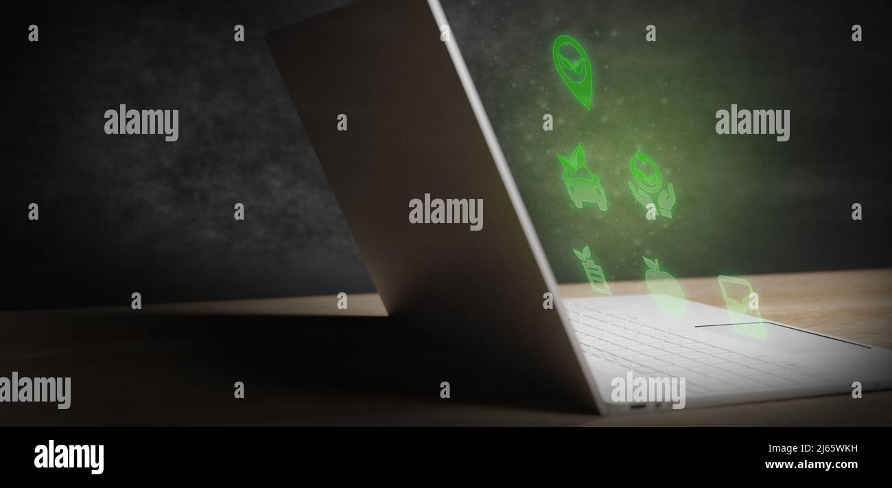 Environment protection concept on a laptop screen glowing 3d render ...