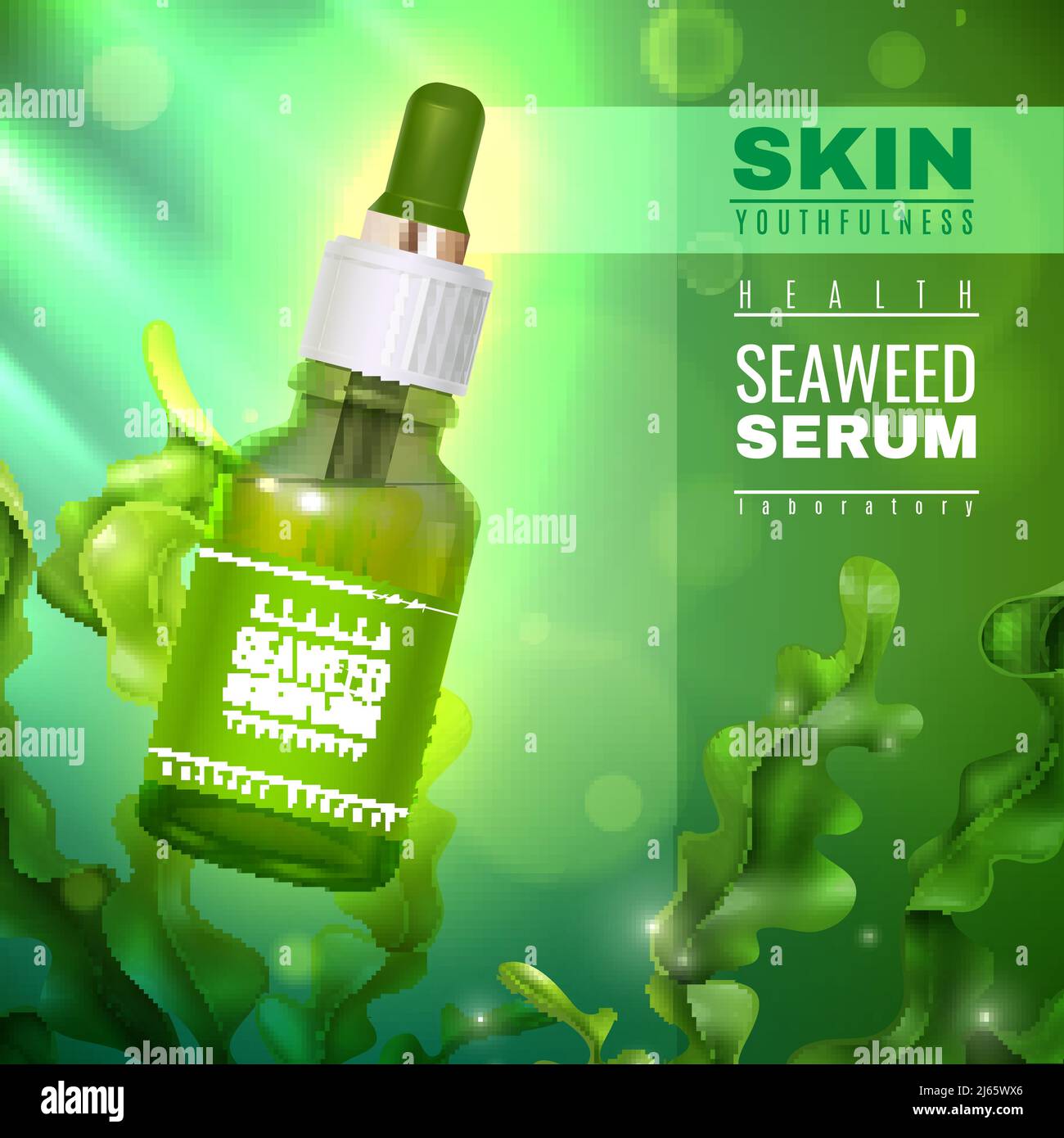 Realistic sea weeds, skin care cosmetics, vial of serum with kelp, product advertising green background vector illustration Stock Vector