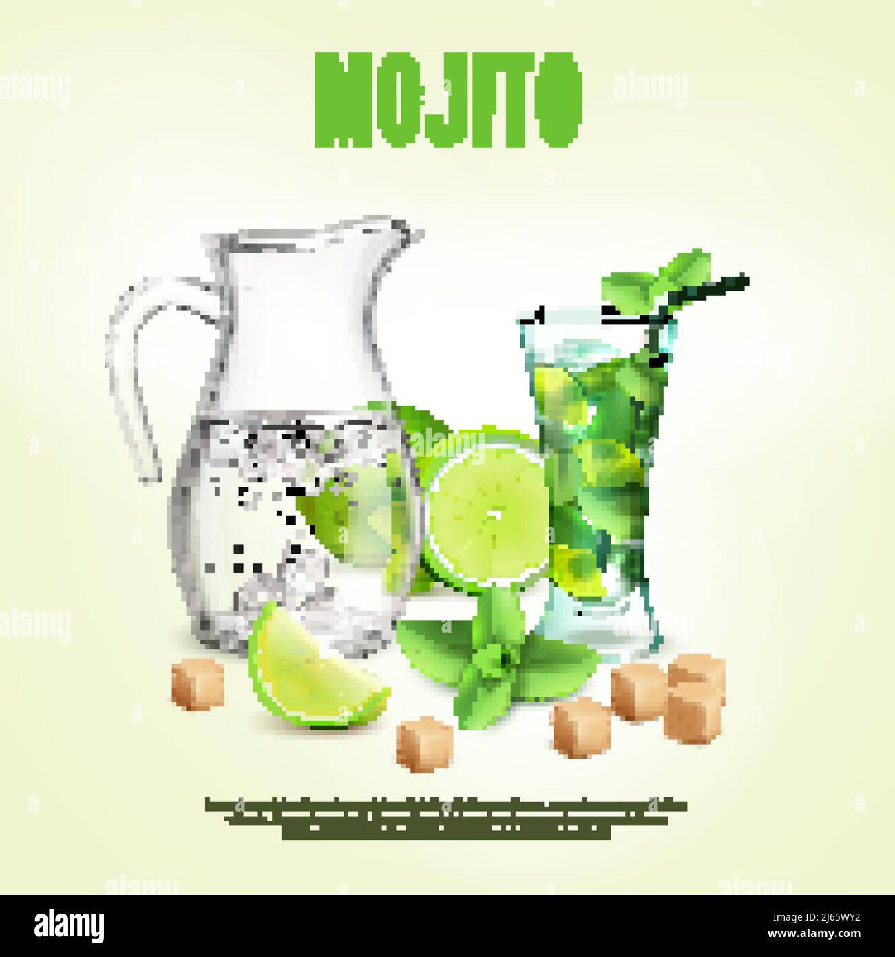 Green cocktails realistic composition with glass jar and some