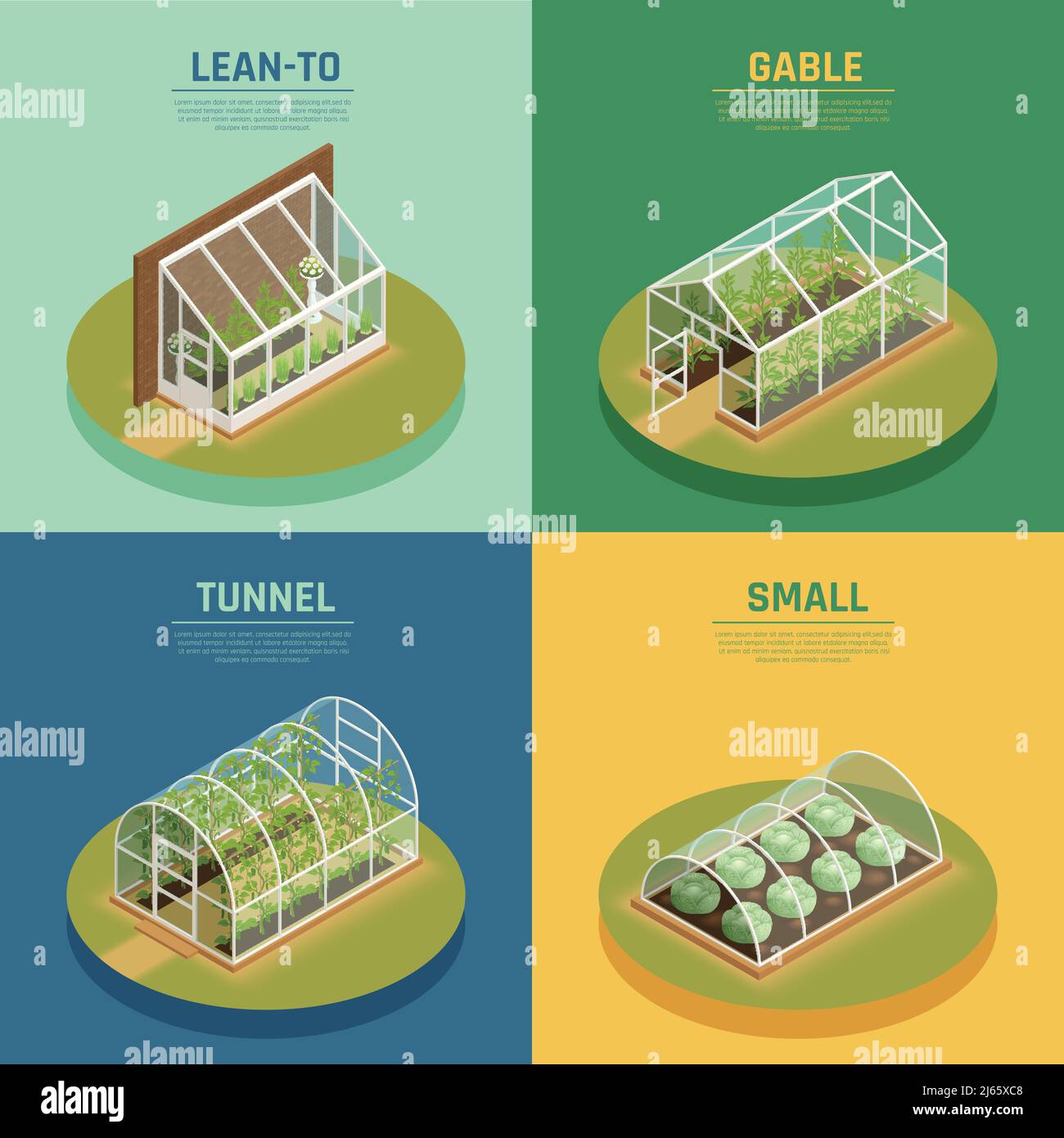 Greenhouses conservatory varieties 4 isometric icons square with ...