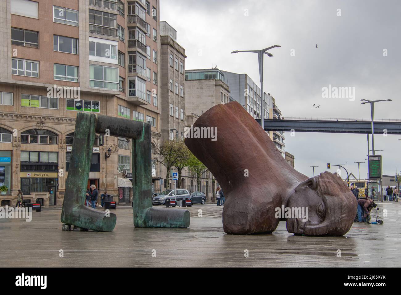 Vigo, Spain - Apr 24, 2020:  Statue representing 'The jump' by Francisco Leiro is a symbol of Vigo Stock Photo