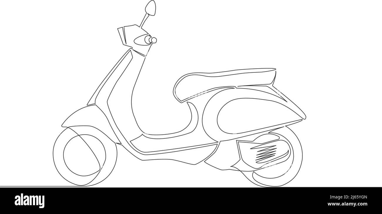 single line drawing of classic motor scooter isolated on white background, line art vector illustration Stock Vector