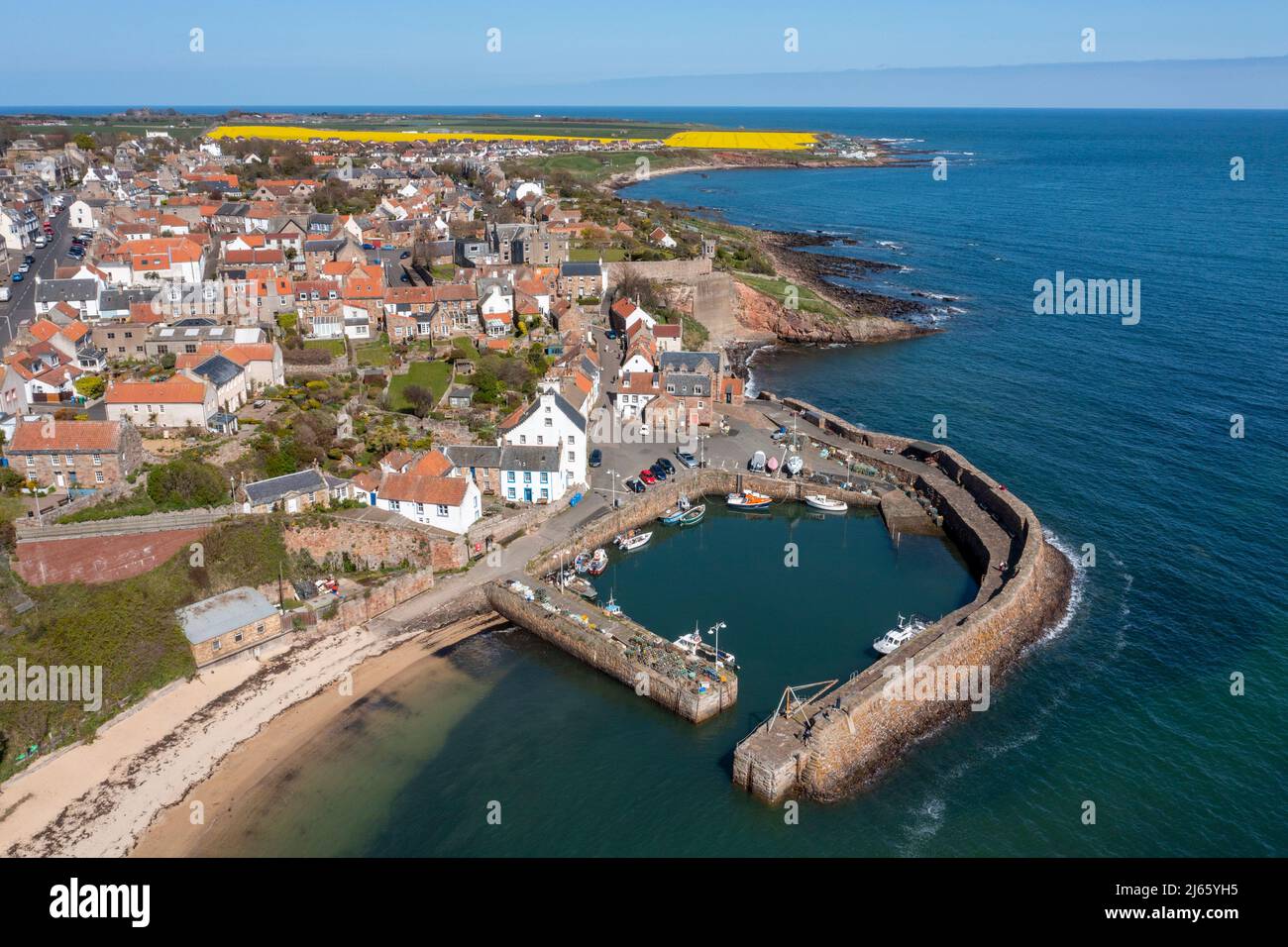 Aerial view of the picturesque fishing harbour at Crail, East Neuk, Fife, Scotland Stock Photo