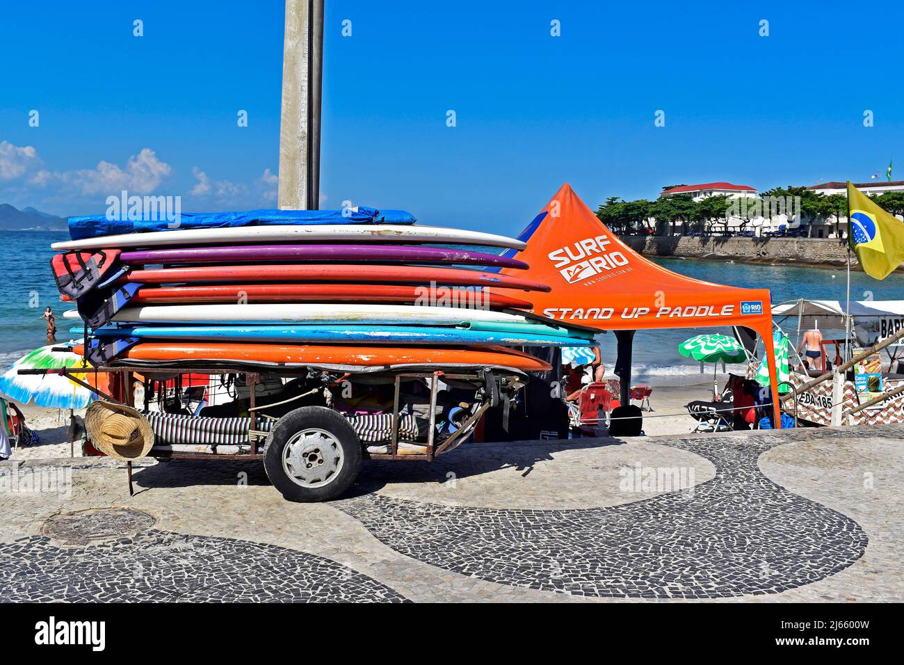 RIO DE JANEIRO, BRAZIL - MARCH 16, 2022: Stand up paddle boards in Copacabana Beach Stock Photo